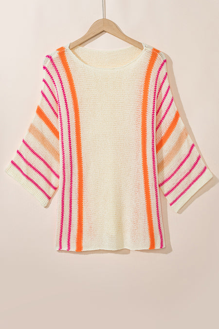 White Striped Detail Wide Sleeve Lightweight Knitted Sweater