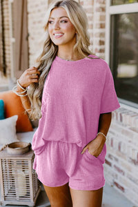 Ribbed Textured Knit Loose Fit Tee and Shorts Set