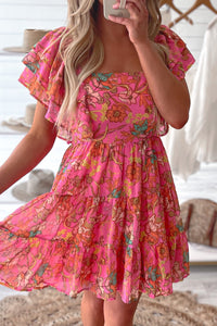 Floral Square Neck Ruffle Sleeve Tiered Dress