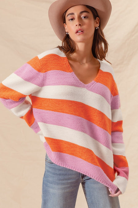 Colorblock V Neck Casual Sweater