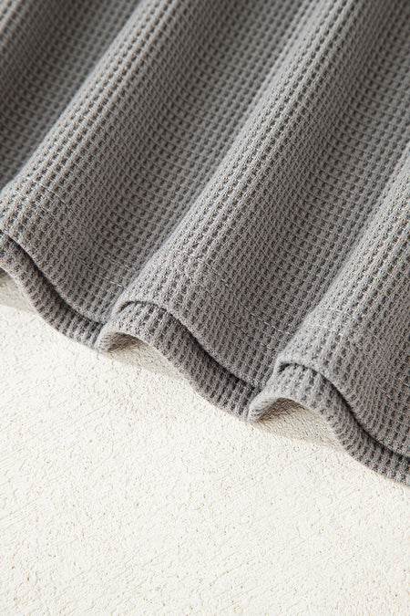 Gray Waffle Printed Patchwork Drawstring Hooded Long Sleeve Top