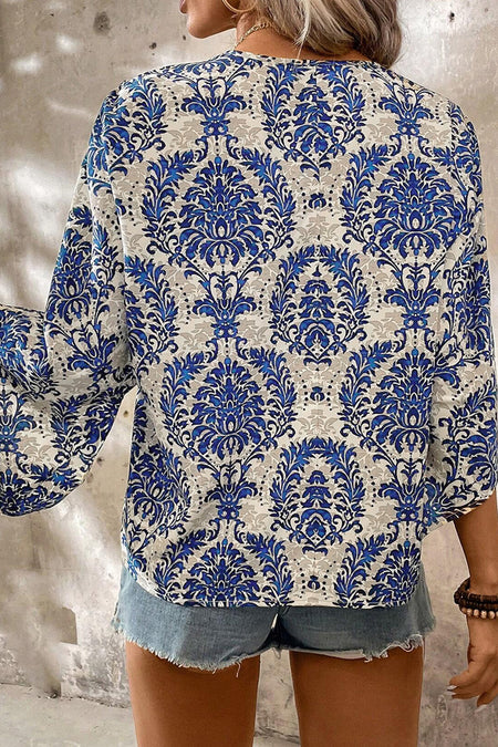 Plus Size Ethnic Printed 3/4 Sleeve V Neck Loose Blouse