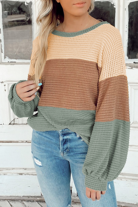 Stripe Textured Color Block Bubble Sleeve Baggy Top