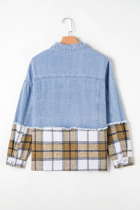 Plaid Patchwork Buttoned Oversized Denim Jacket