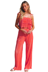 Ruffle Tiered Cami Pleated Wide Leg Pants Set