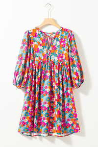 Floral Print Tie Split Neck Bubble Sleeve Babydoll Dress