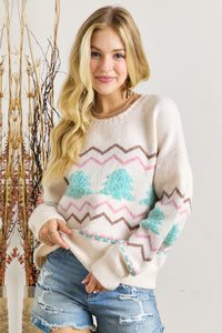 Christmas Tree Ribbed Trim Drop Shoulder Sweater