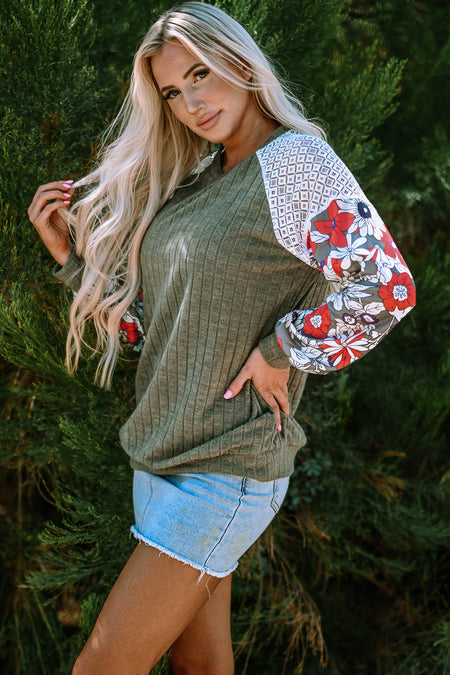 Floral Patchwork Long Sleeve Ribbed Blouse