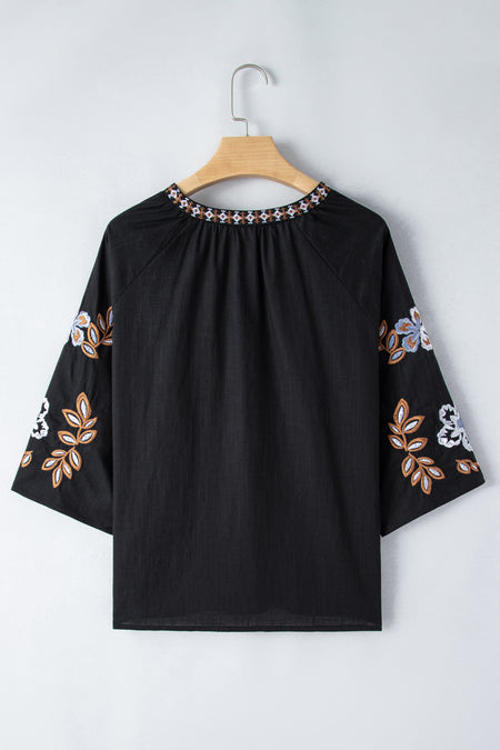 Bohemian Floral Embroidered V Neck Blouse