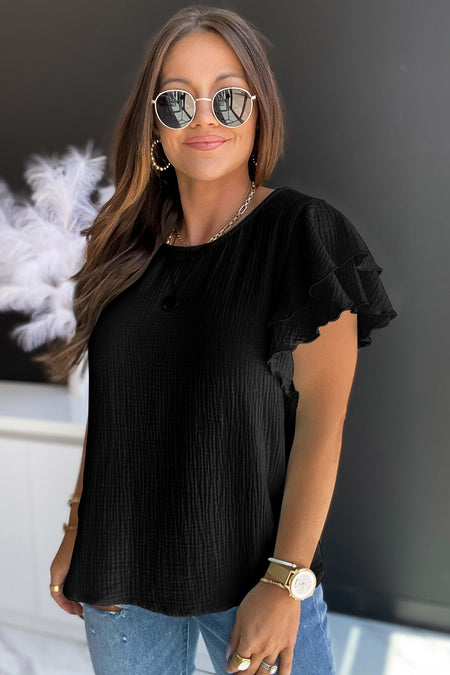 Textured Tiered Ruffled Short Sleeve Blouse