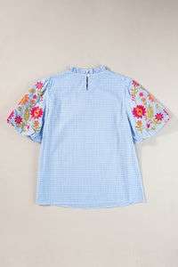 Gingham Floral Embroidered Puff Sleeve Blouse