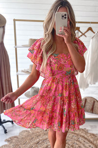 Floral Square Neck Ruffle Sleeve Tiered Dress