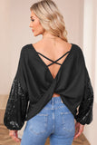 Sequin Patchwork Sleeve Open Back Waffle Knit Top