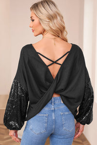 Sequin Patchwork Sleeve Open Back Waffle Knit Top