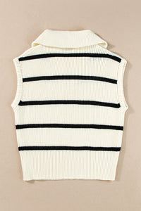 Stripe Zipped Collar Cap Sleeve Knit Top