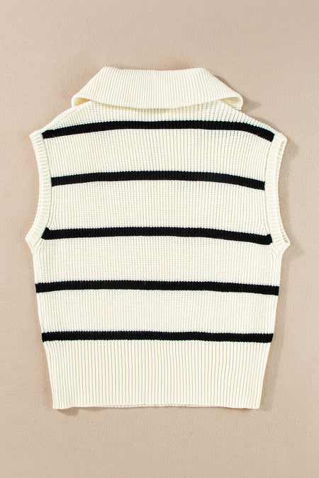 White Stripe Zipped Collar Cap Sleeve Knit Top