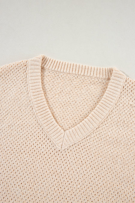 Loose Eyelet V Neck Drop Shoulder Sweater