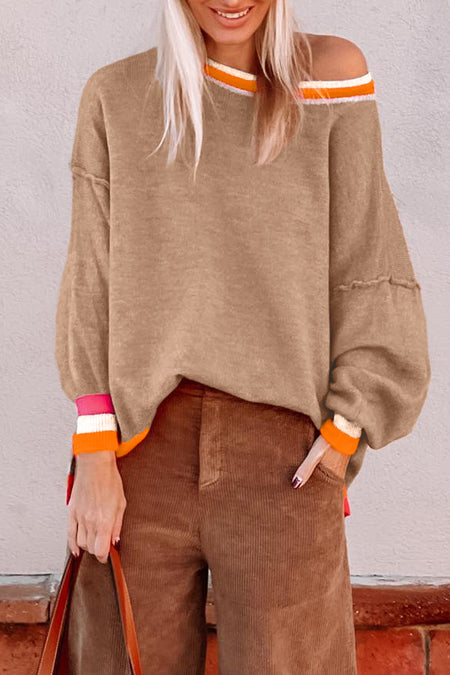 Colorblock Striped Trim Drop Shoulder Sweater