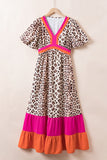 Leopard Colorblock Patchwork Bubble Sleeve Maxi Dress