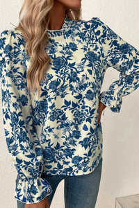 Floral Print Flounce Sleeve Keyhole Back Blouse