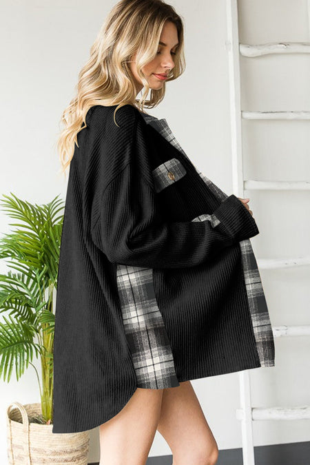 Plaid Patchwork Waffle Thermal Knit Shacket