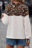 Leopard Waffle Knit Patchwork Button V Neck Top