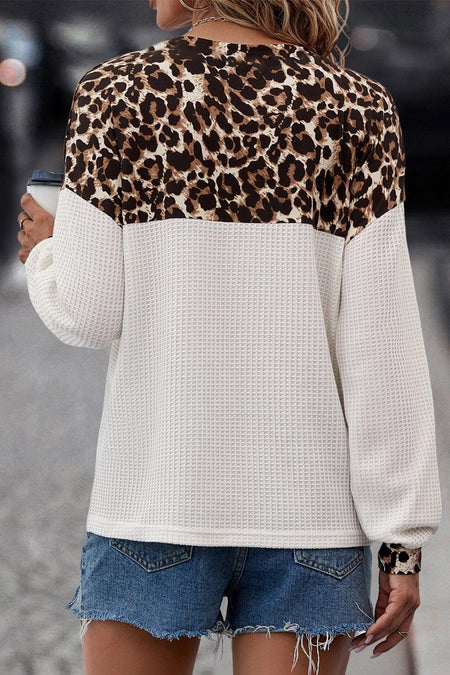 Leopard Waffle Knit Patchwork Button V Neck Top