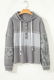 Gray Waffle Printed Patchwork Drawstring Hooded Long Sleeve Top