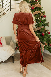 Velvet Short Sleeve Shirred Waist Tiered Maxi Dress