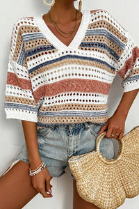 Striped Hollow Out Half Sleeve Knitted Sweater
