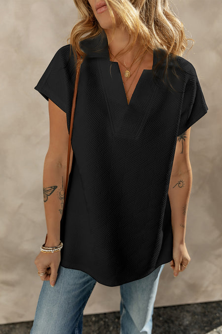 Textured V Neck Collared Short Sleeve Top