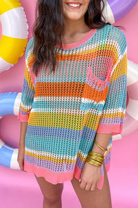 Stripe Colorblock Hollowed Crochet 3/4 Sleeve Sweater