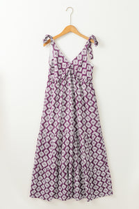 Purple Western Geometric Print Knotted Straps V Neck Long Dress