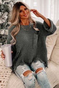 Ripped Raw Hem Chunky Pullover Sweater