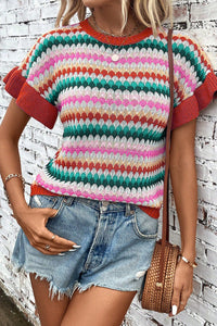 Trimmed Ruffle Sleeve Colorful Textured Sweater