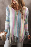 Color Block Fringed Drop Shoulder Tunic Sweater