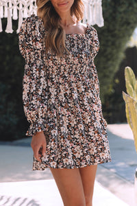 Floral Puff Sleeve Square Neck Smocked Pleated Dress