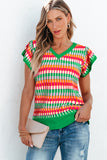 Green Multicolor Flutter Sleeve Knitted Sweater Top