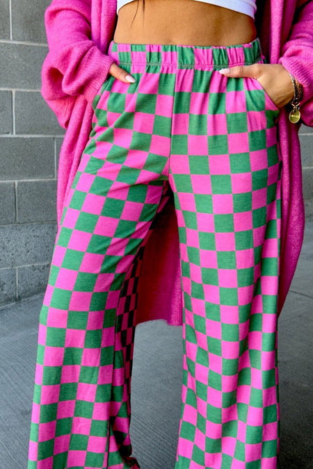 2-Tone Checked Print High Waist Wide Leg Pants