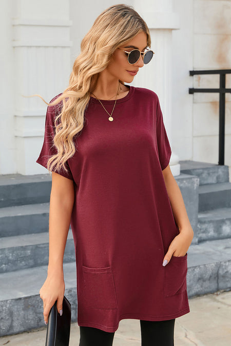 Loose Front Pocket Casual Short Sleeve Tunic Lounge Top