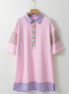 Pink Rainbow Stripe Half Sleeve Buttoned T Shirt Dress