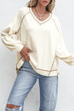 Exposed Seam Textured Knit V Neck Pullover Top