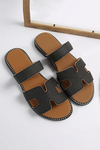 Cut Out H Shape Band PU Leather Slippers