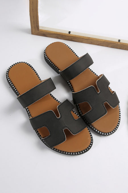 Cut Out H Shape Band PU Leather Slippers