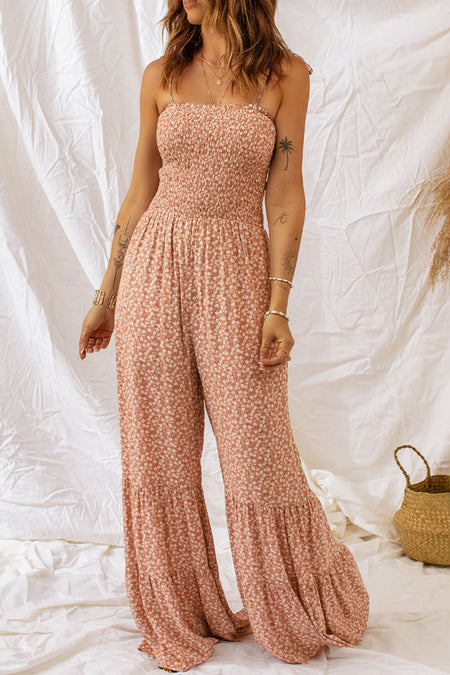 Thin Straps Smocked Bodice Wide Leg Floral Jumpsuit