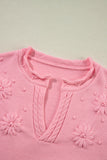 Flower Detail Knitted Notched Neck Sweater