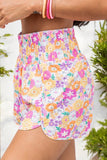 Pink Boho Floral Shirred High Waist Casual Shorts