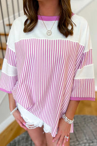 Striped Patchwork 3/4 Sleeve Oversize Top