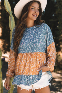 Floral Color Block Ruffled Hem Round Neck Blouse