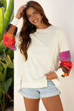 Beige Contrast Plaid Long Sleeve Exposed Seam Patchwork Top